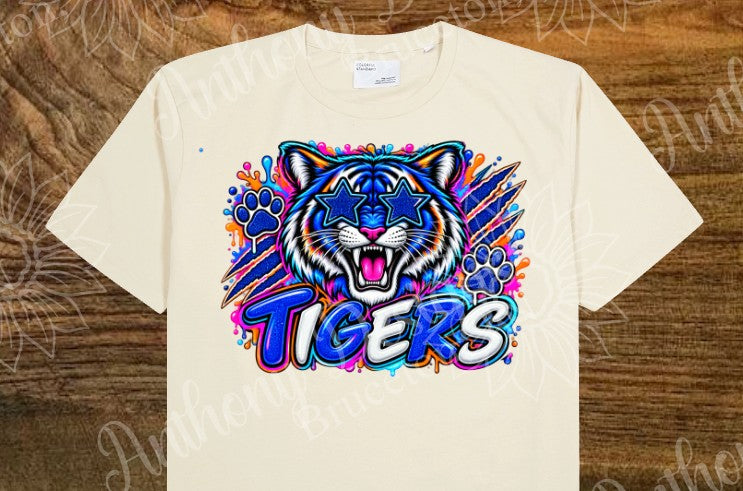 Tigers. Brights blue white pink orange. Cheer. school spirit inspired designed shirt
