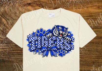 Tigers. Checkered blue and white  with bow. Cheer. school spirit inspired designed shirt