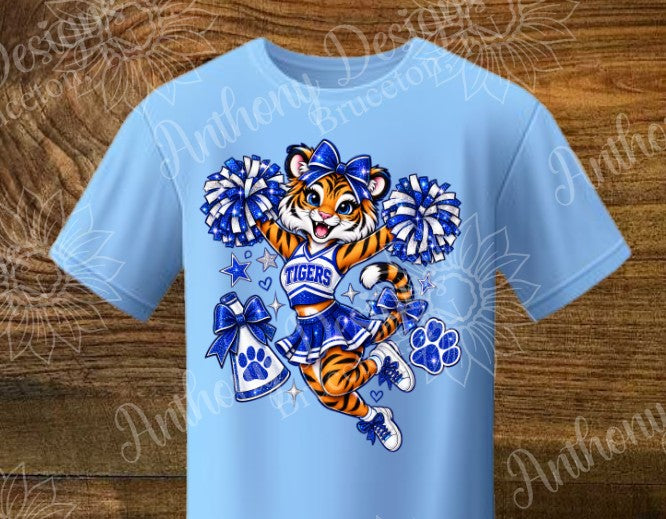 Tigers. Blue and White. Cheerleading mascot. Cheer. school spirit inspired designed shirt