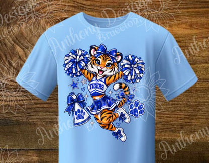 Tigers. Blue and White. Cheerleading mascot. Cheer. school spirit inspired designed shirt