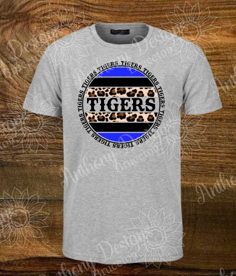 Tigers cheetah print circle designed shirt  Personalize with your school colors, mascot.