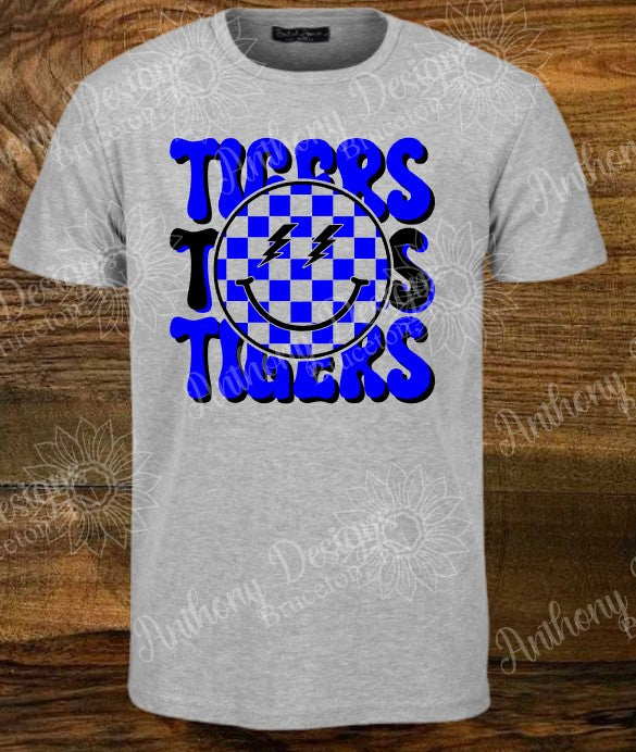 Tigers smiley face retro design shirt  Personalize with your school colors.