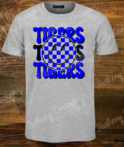 Tigers smiley face retro design shirt  Personalize with your school colors.