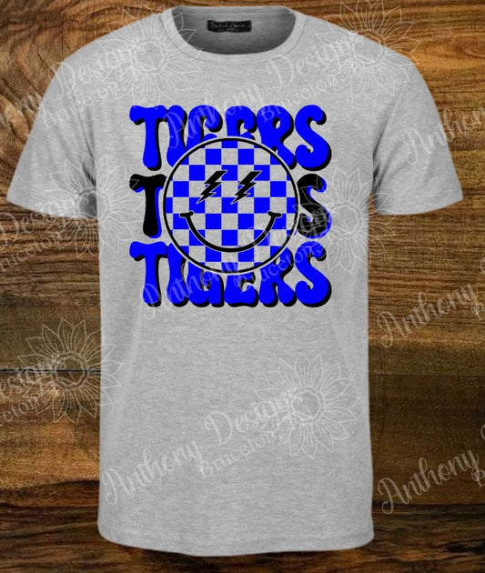 Tigers smiley face retro design shirt  Personalize with your school colors.
