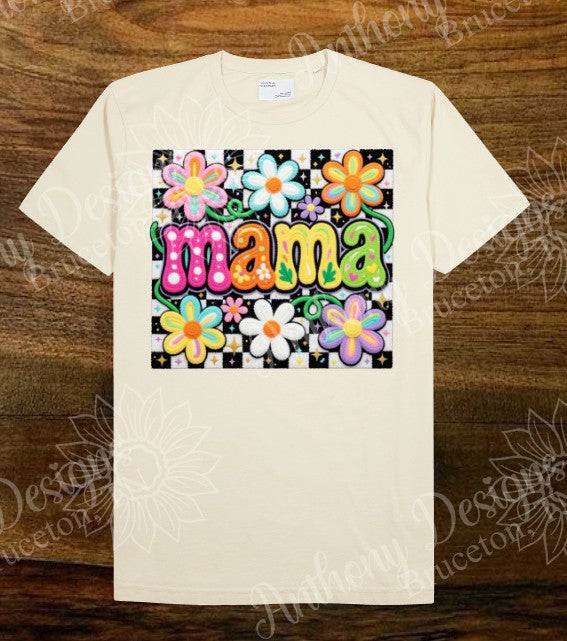 Mama faux yarn embroidery with flowers neon colors shirt