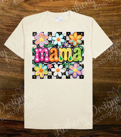 Mama faux yarn embroidery with flowers neon colors shirt