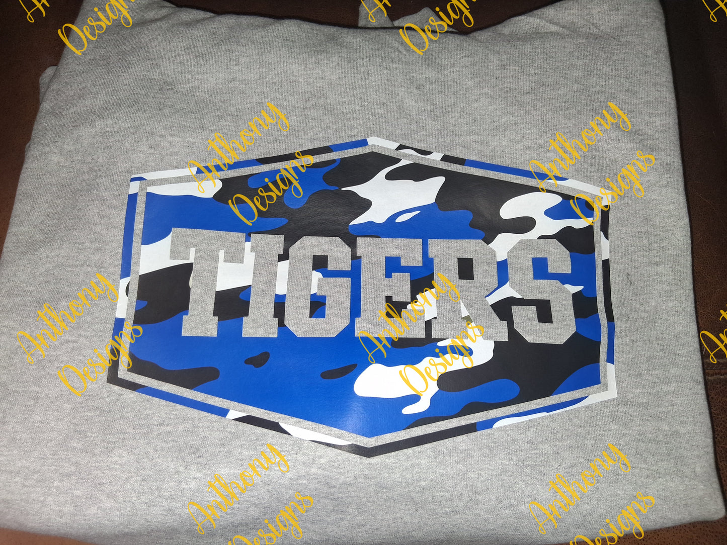 Tigers mascot camo in school colors designed shirt