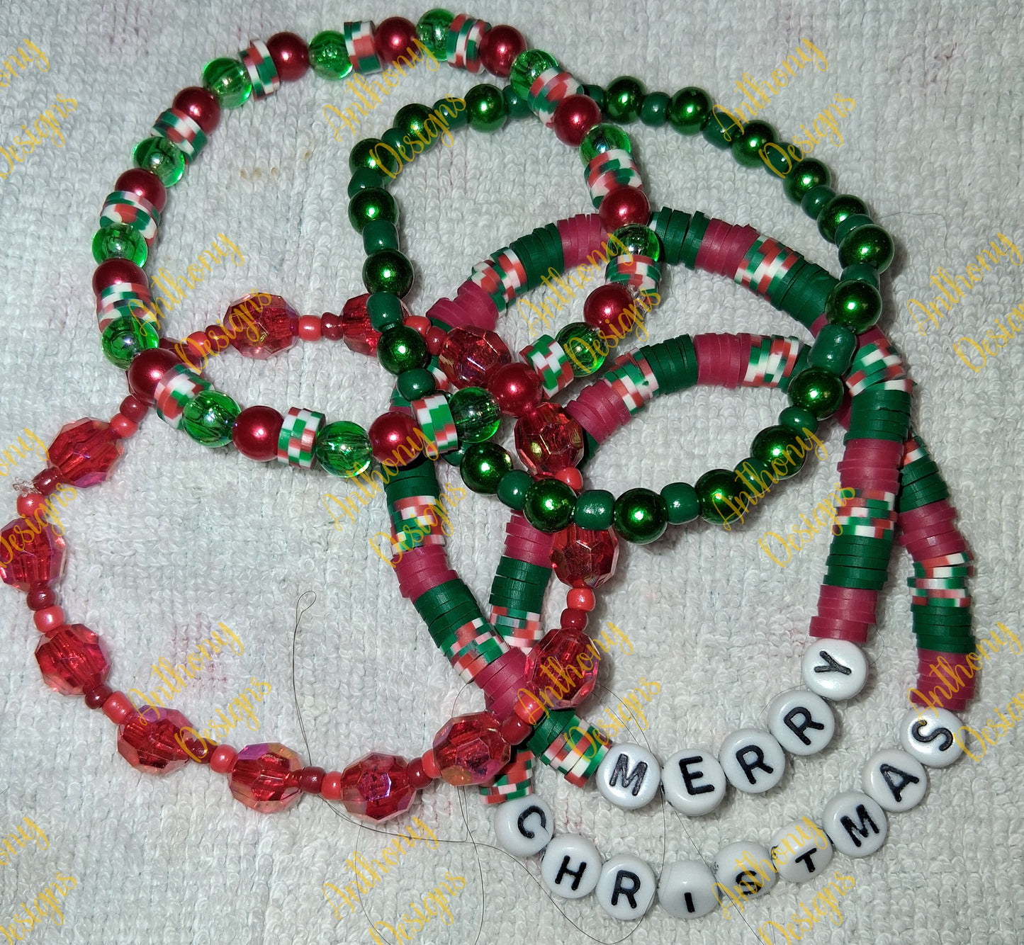 Merry Christmas with green and red accents stacker set of 5 Bracelet