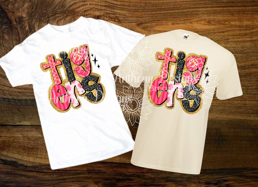 Tigers in pink and gold glitter design School Spirit shirt